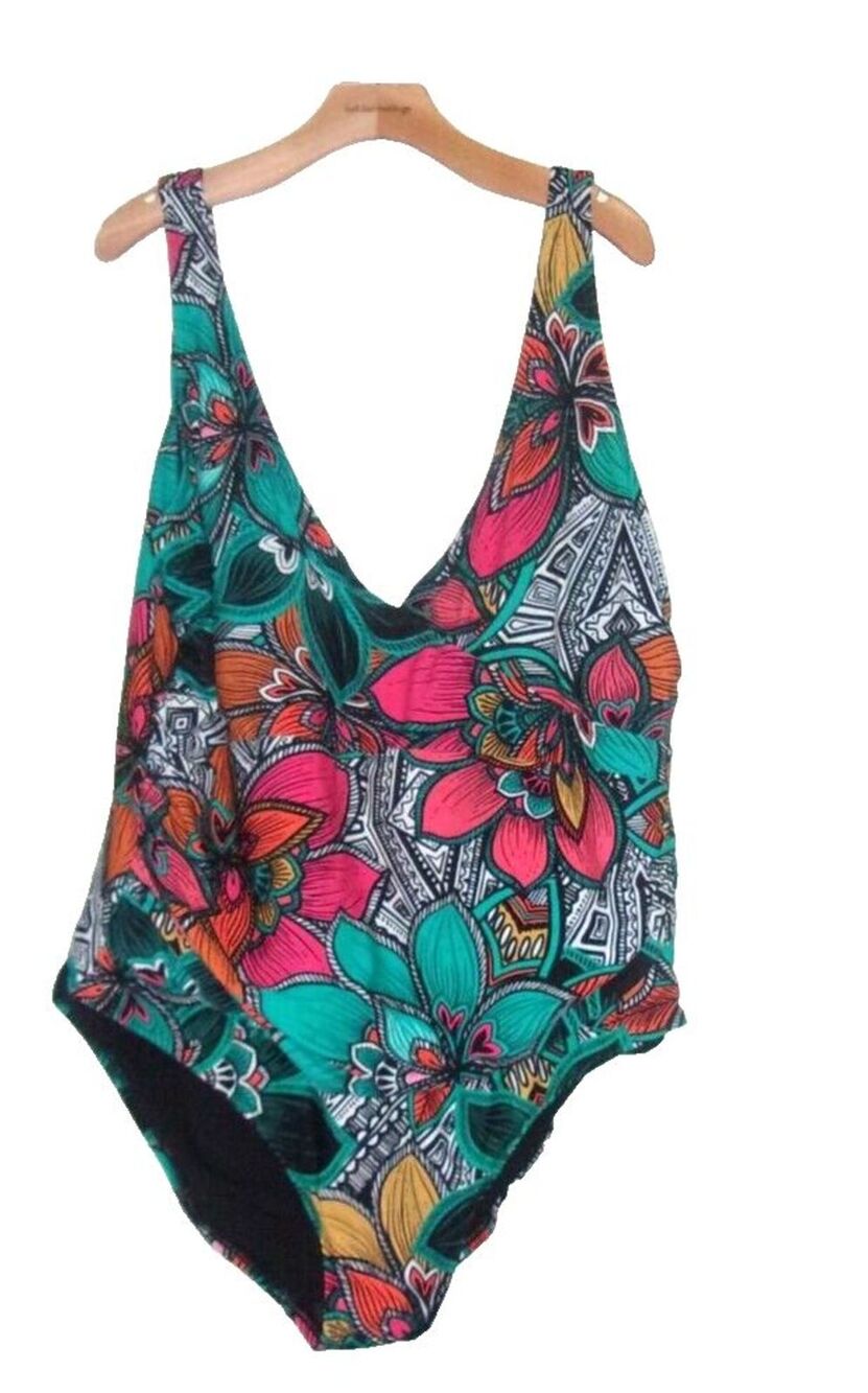 Boutique Swimsuit Sz 3X  Bloused V-Neck Floral Geometric Print Colorful Slimming